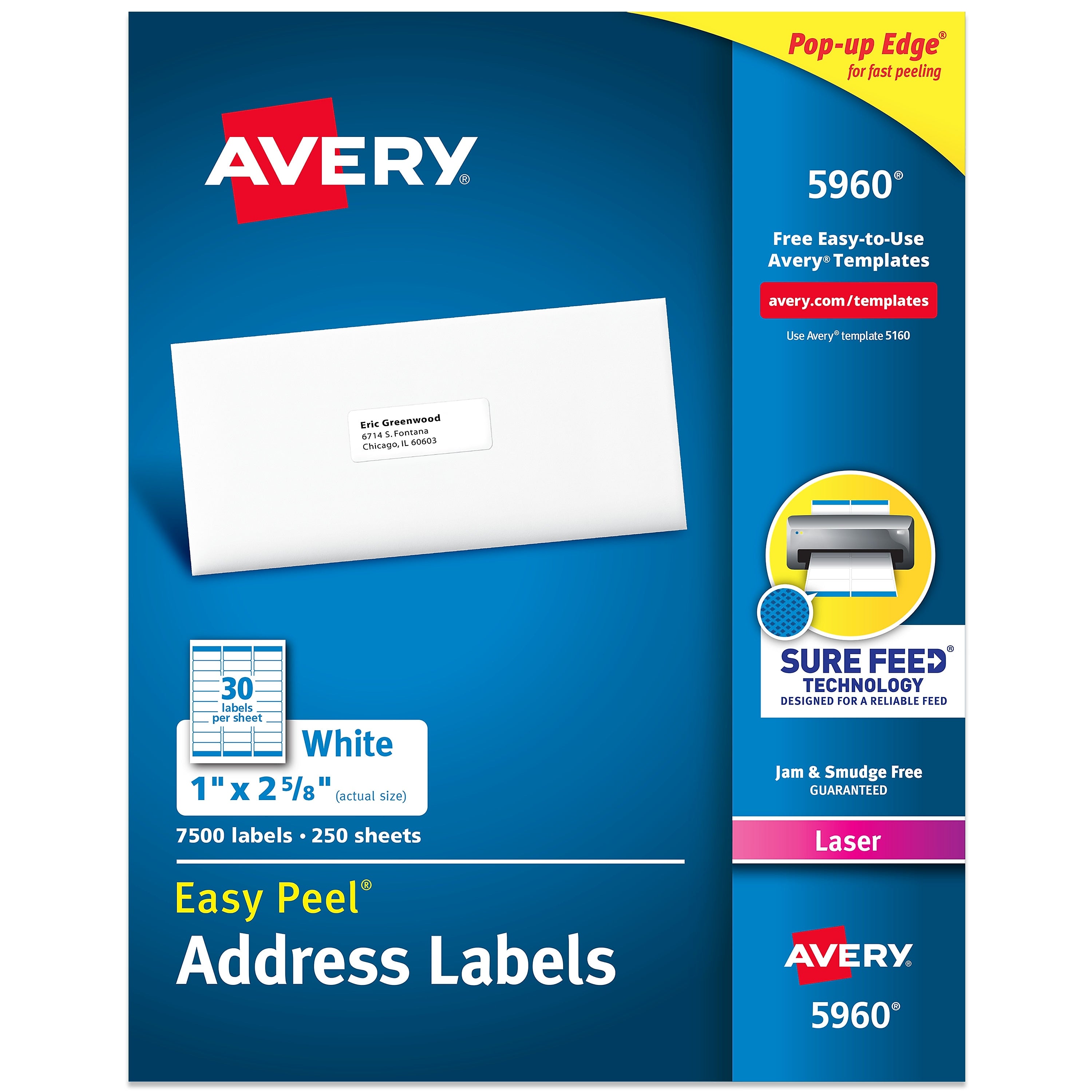 Avery Easy Peel Laser Address Labels, 1" x 2 5/8", Matte White, 7500 Labels/Box (5960)