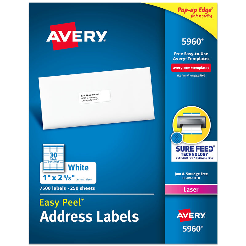 Avery Easy Peel Laser Address Labels, 1" x 2 5/8", Matte White, 7500 Labels/Box (5960)