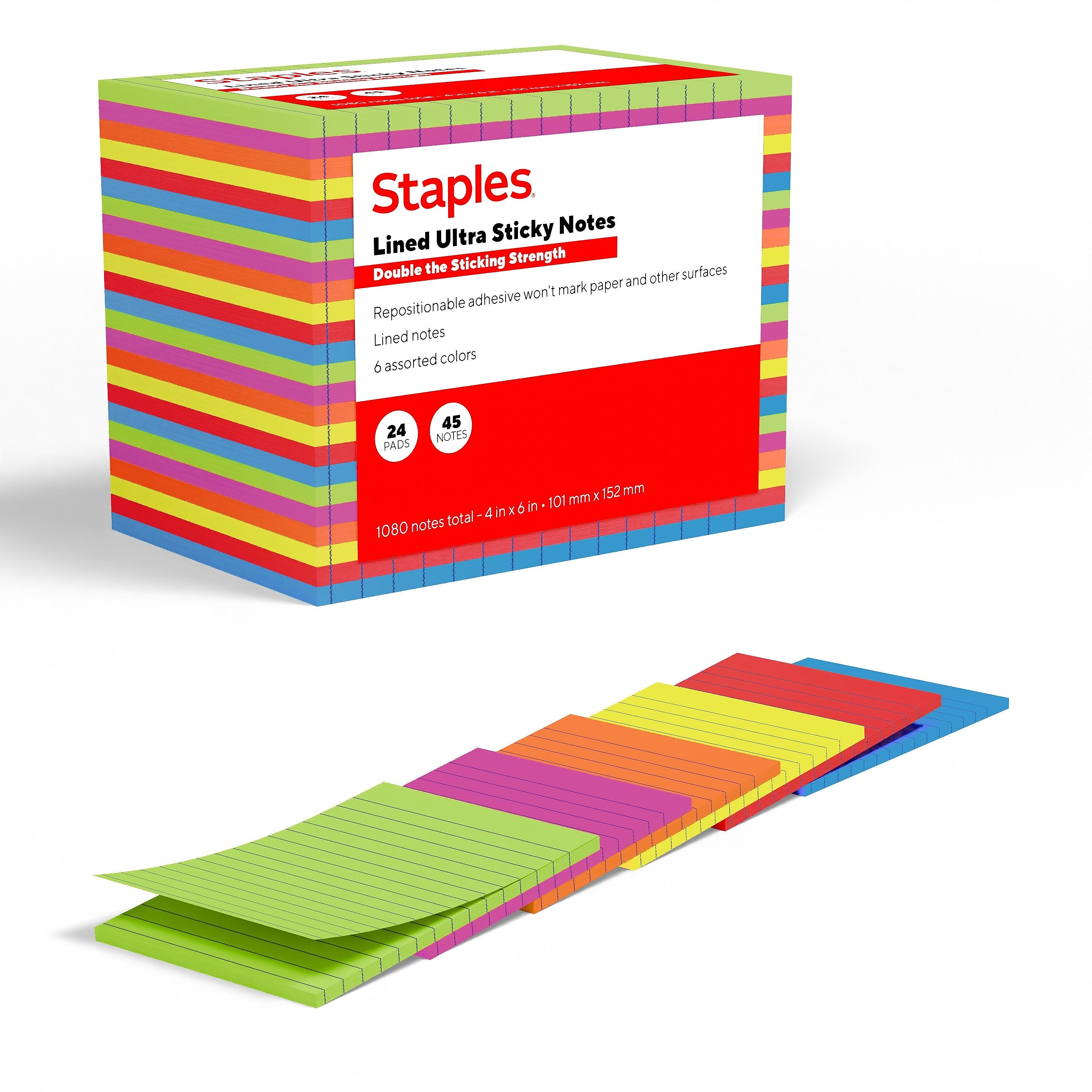 Staples Ultra Sticky Notes, 4" x 6", Summer Breeze Collection, Lined, 45 Sheets/Pad, 24 Pads/Pack (ST62892)