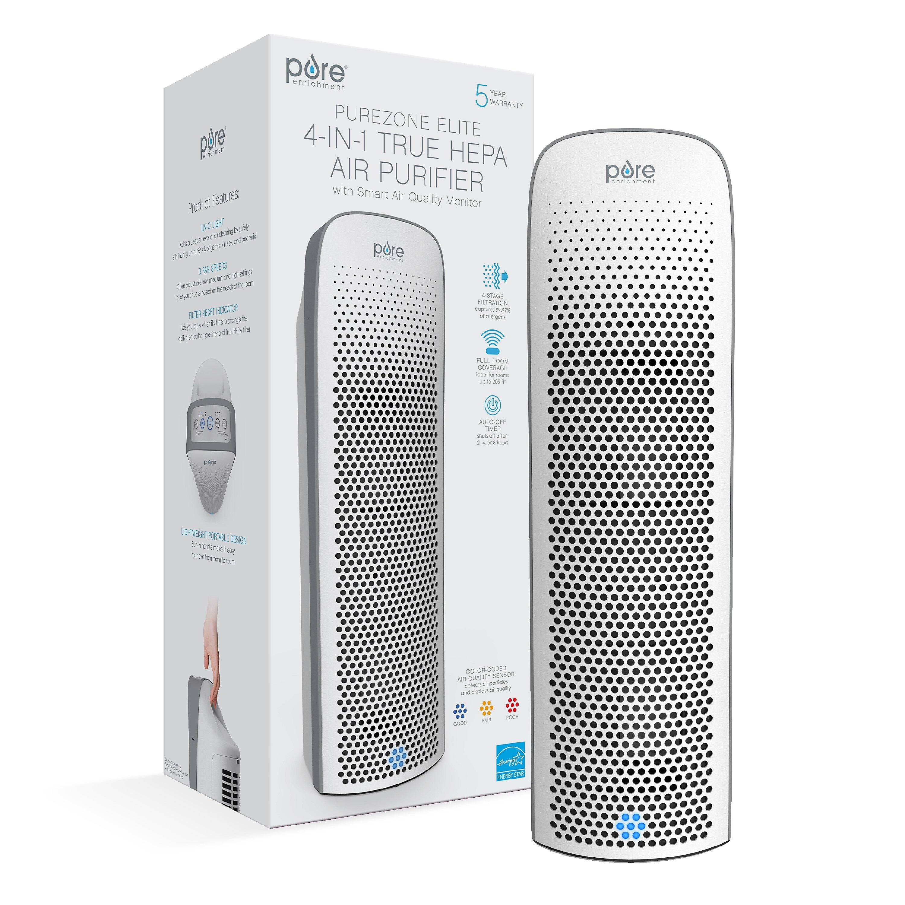 Pure Enrichment ENERGY STAR-Rated True HEPA Elite Air Purifier with Smart Air Quality Monitor for Large Rooms
