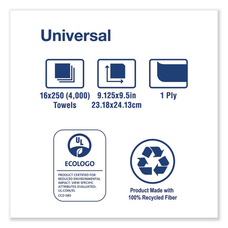 Universal Multifold Hand Towel, 1-Ply, 9.13 x 9.5, Natural, 250/Pack, 16 Packs/Carton