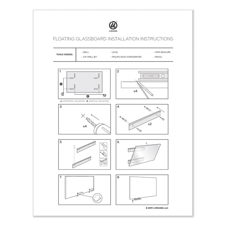 Floating Glass Dry Erase Board, 72" x 36" (Actual Size: 70" x 35"), White Surface