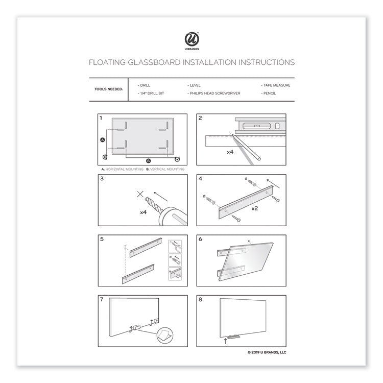 Floating Glass Dry Erase Board, 36" x 24" (Actual Size: 35" x 23"), White Surface