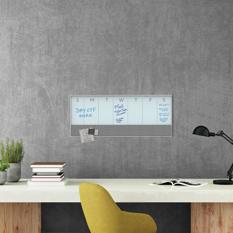 3N1 Magnetic Glass Dry Erase Combo Board, Weekly Planning, 36 x 25 (Actual Size: 36 x 15.25), Gray/White Surface, White Frame