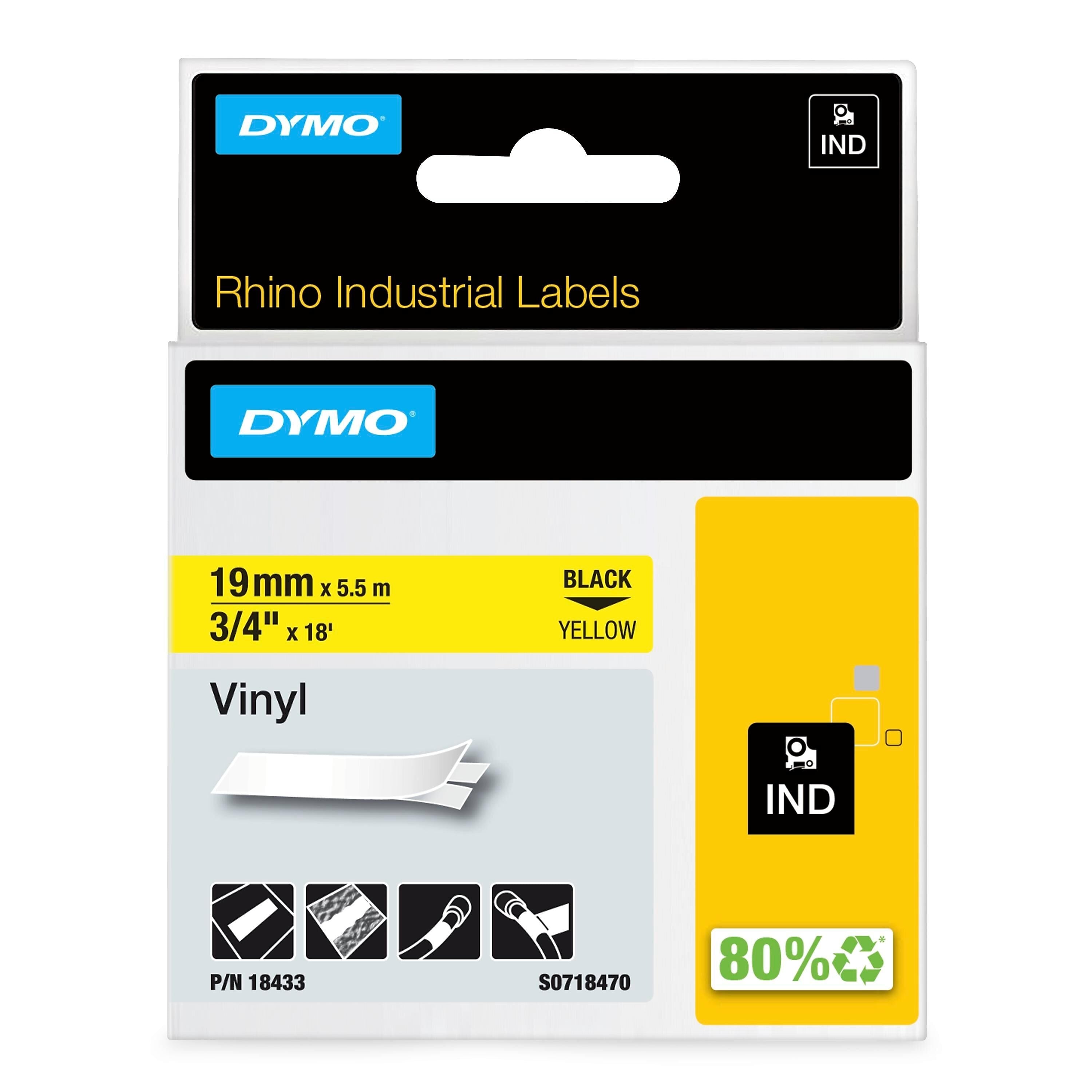 DYMO Rhino Industrial 18433 Vinyl Label Maker Tape, 3/4" x 18', Black on Yellow (18433)