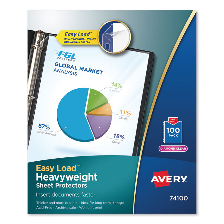 Heavyweight Easy Load Diamond Clear Sheet Protector, Side: 3-Hole Punched, Top Load 8.5 x 11 Insert, Clear Front, 100/Box