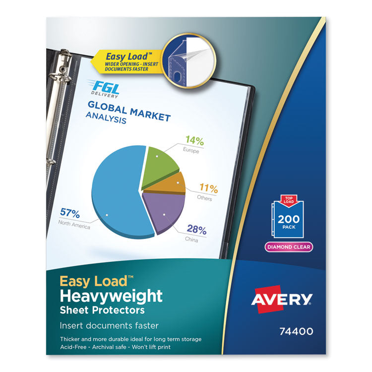 Heavyweight Easy Load Diamond Clear Sheet Protector, Side: 3-Hole Punched, Top Load 8.5 x 11 Insert, Clear Front, 200/Box