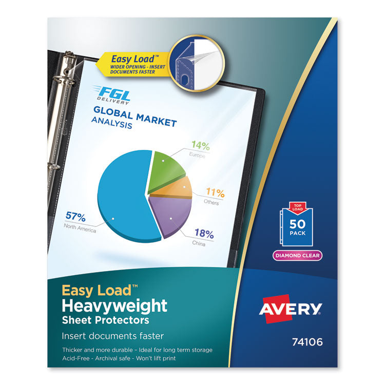 Heavyweight Easy Load Diamond Clear Sheet Protector, Side: 3-Hole Punched, Top Load 8.5 x 11 Insert, Clear Front, 50/Box