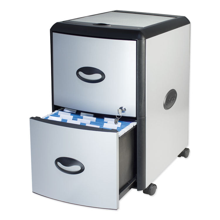 Mobile Filing Cabinet With Metal Siding And Top-Drawer Organizer Tray, 2 Letter File Drawers, Silver/black, 19" X 15" X 23"