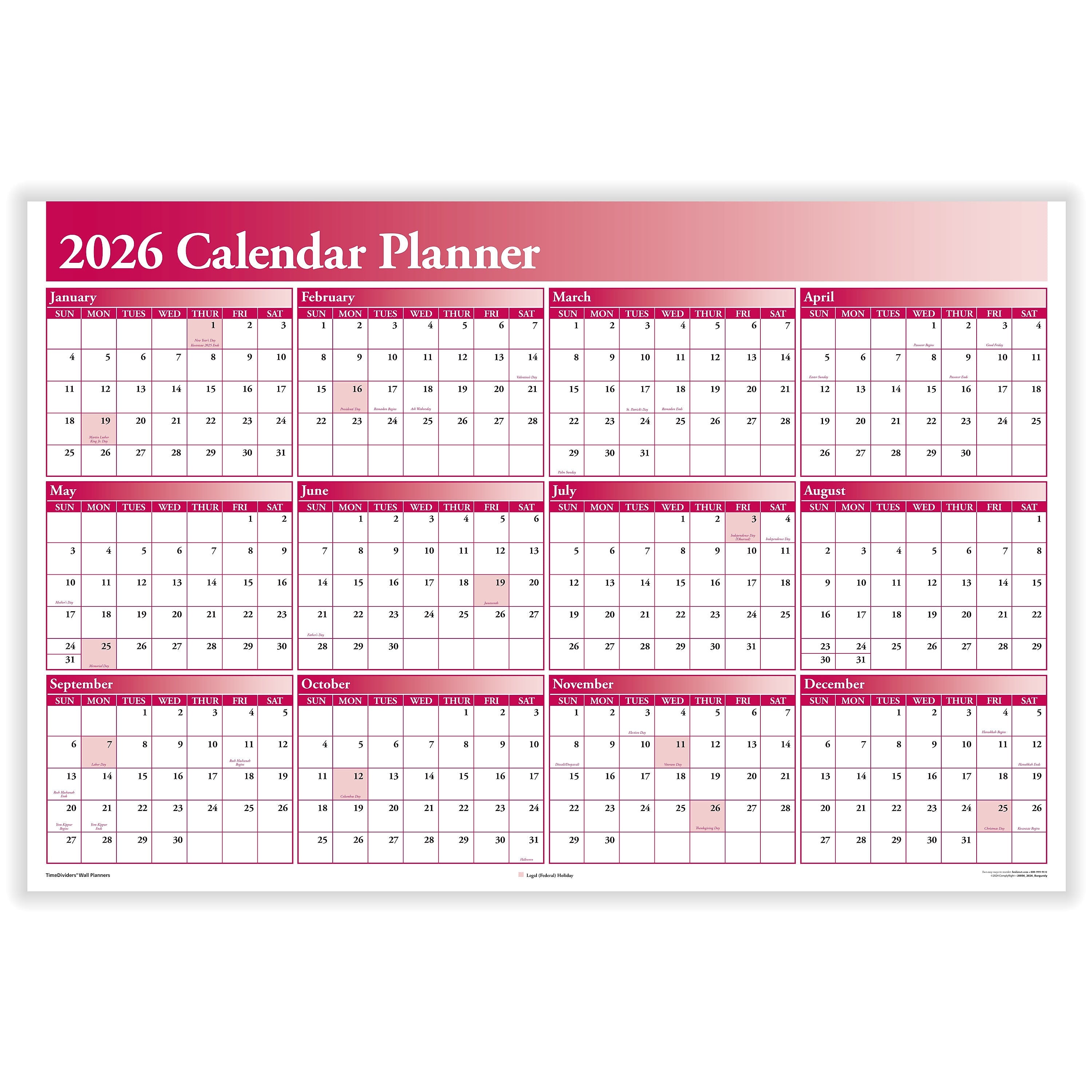 2026 ComplyRight Full Calendar Planner 36" x 24" Yearly Dry Erase Wall Calendar, Burgundy (J0056BU)