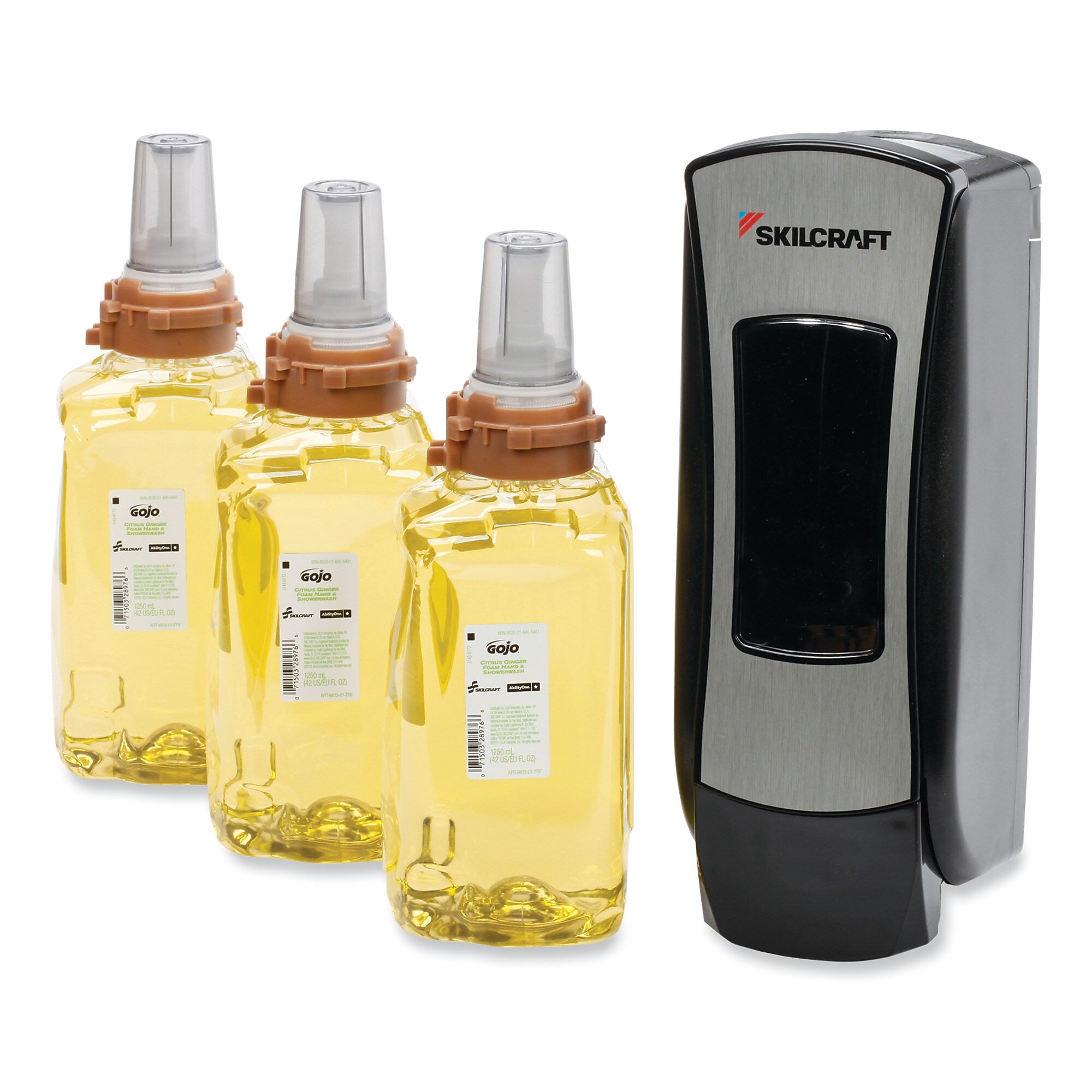 AbilityOne® 8520017027811, Citrus Ginger Foam Hand and Showerwash Starter Kit, 1,250 mL, 4.64 x 3.98 x 11.89, Black/Silver