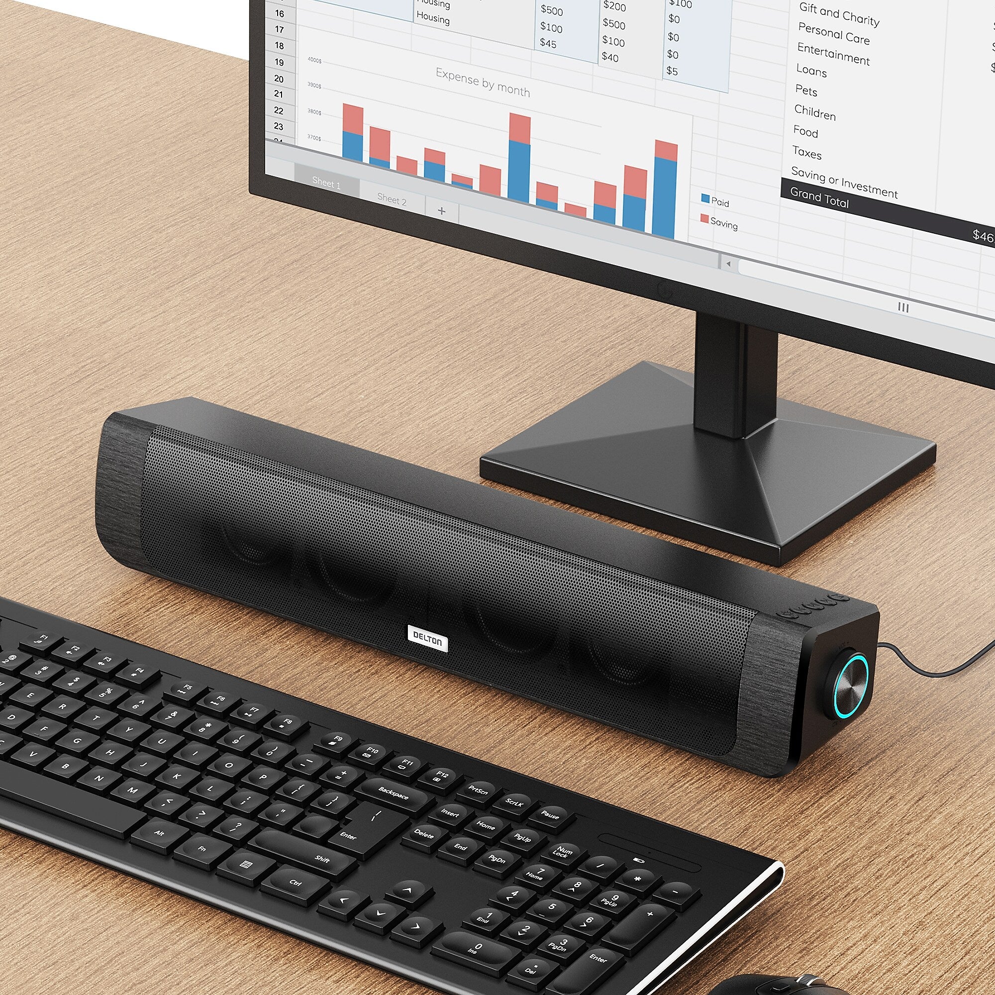 Delton SB200 20-Watt Wired/Wireless Soundbar Computer Speaker, Black (DSB200)