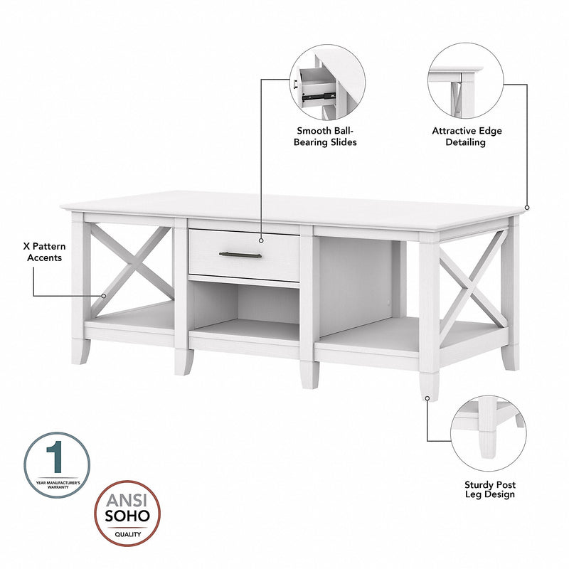 Bush Furniture Key West 47" x 24" Coffee Table, Pure White Oak (KWT148WT-03)