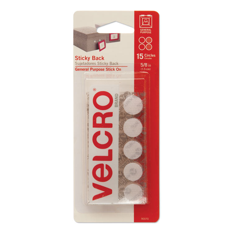 Sticky-Back Fasteners, Removable Adhesive, 0.63" Dia, White, 15/pack