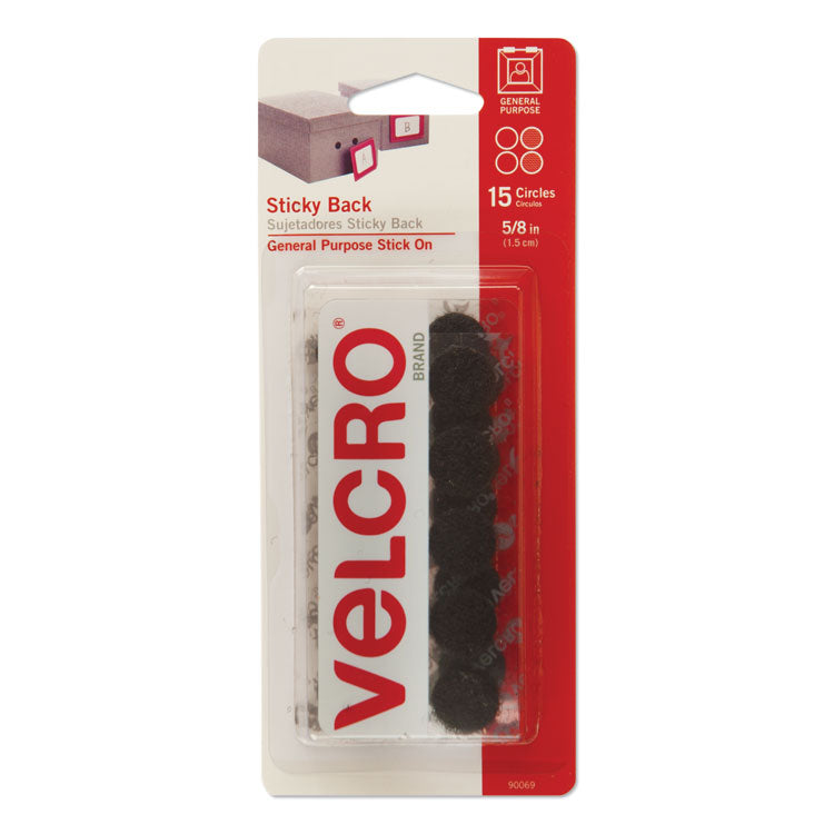 Sticky-Back Fasteners, Removable Adhesive, 0.63" Dia, Black, 15/pack