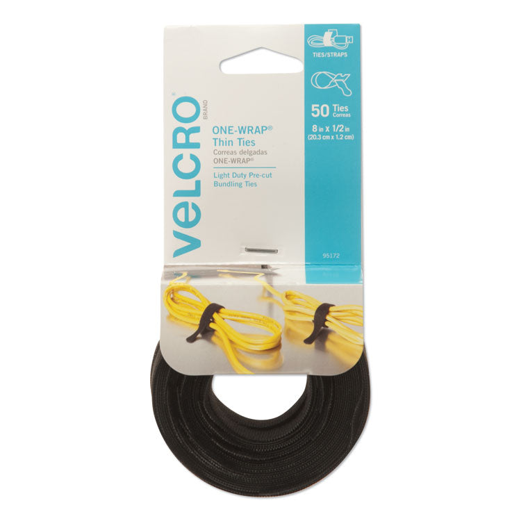 One-Wrap Pre-Cut Thin Ties, 0.5" X 8", Black, 50/pack