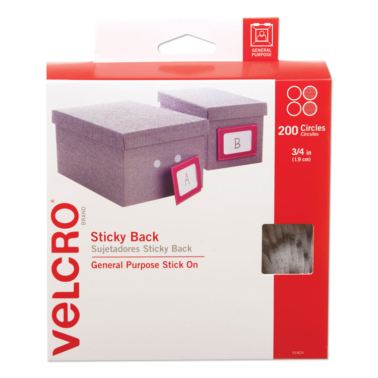 Sticky-Back Fasteners, Removable Adhesive, 0.75" Dia, White, 200/box