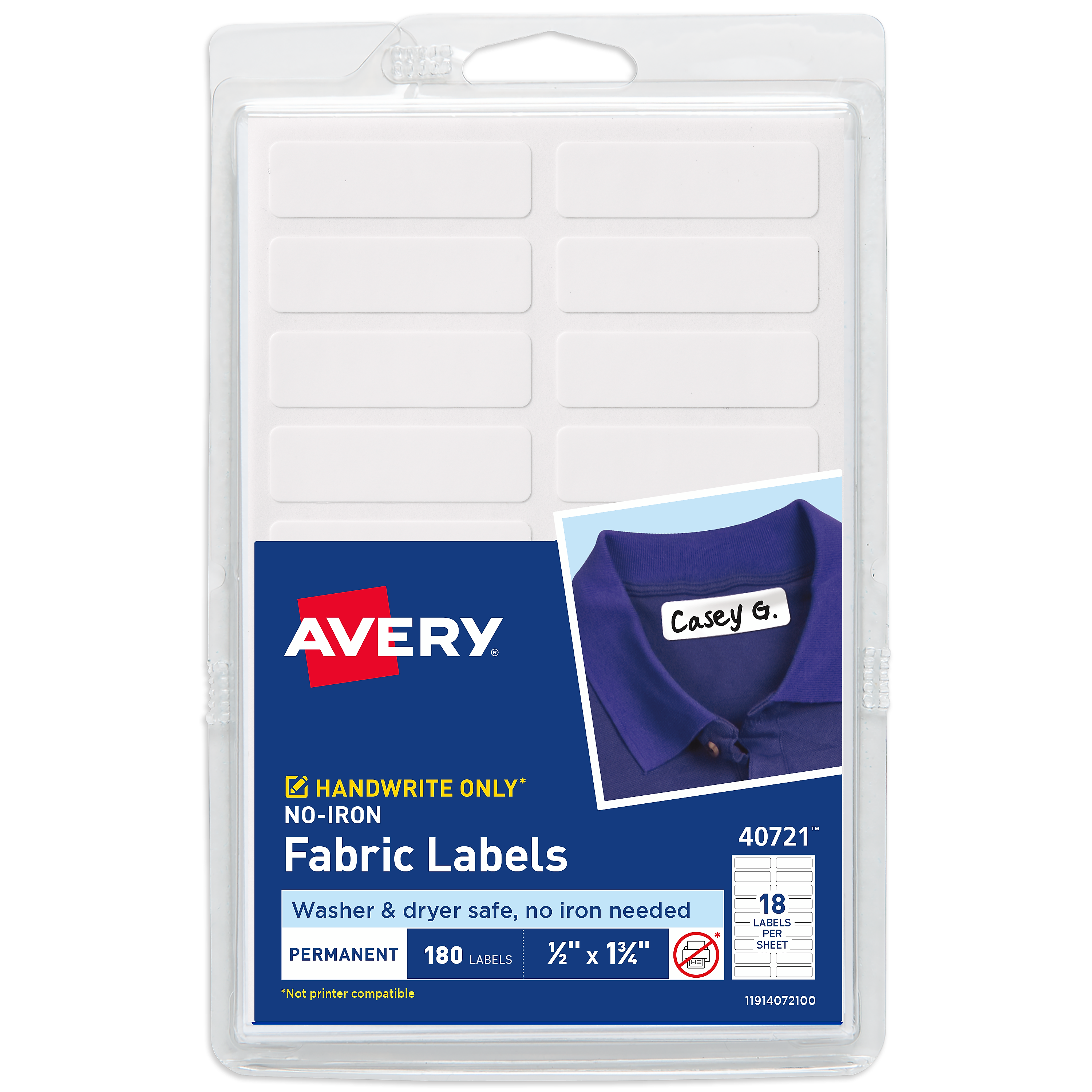 Avery No-Iron Fabric Waterproof Labels, 1/2" x 1-3/4", Handwrite Only, 180 Labels/Pack (40721)