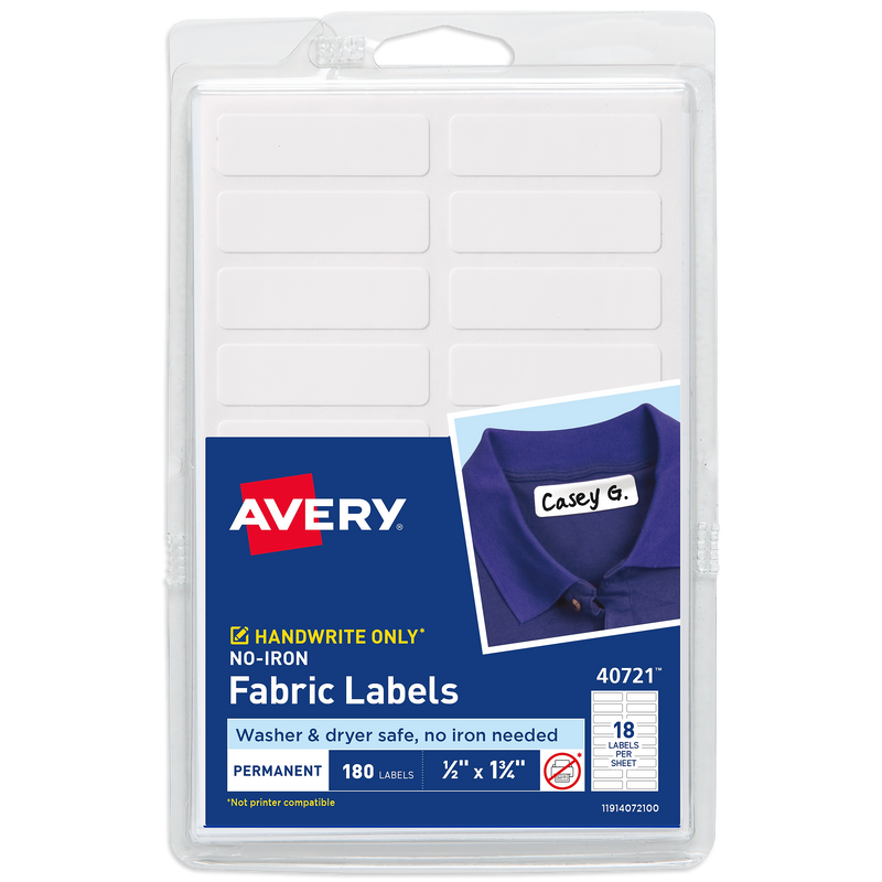 Avery No-Iron Fabric Waterproof Labels, 1/2" x 1-3/4", Handwrite Only, 180 Labels/Pack (40721)
