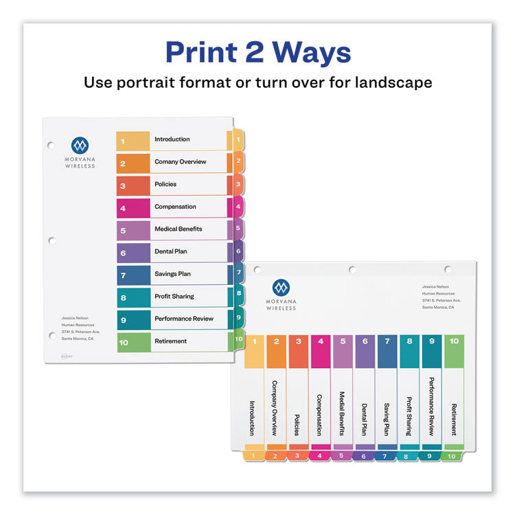 Customizable TOC Ready Index Multicolor Tab Dividers, 10-Tab, 1 to 10, 11 x 8.5, White, Traditional Color Tabs, 6 Sets