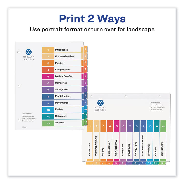 Customizable TOC Ready Index Multicolor Tab Dividers, 12-Tab, 1 to 12, 11 x 8.5, White, Traditional Color Tabs, 1 Set