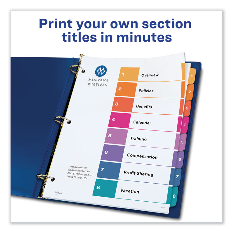 Customizable TOC Ready Index Multicolor Tab Dividers, 8-Tab, 1 to 8, 11 x 8.5, White, Traditional Color Tabs, 1 Set