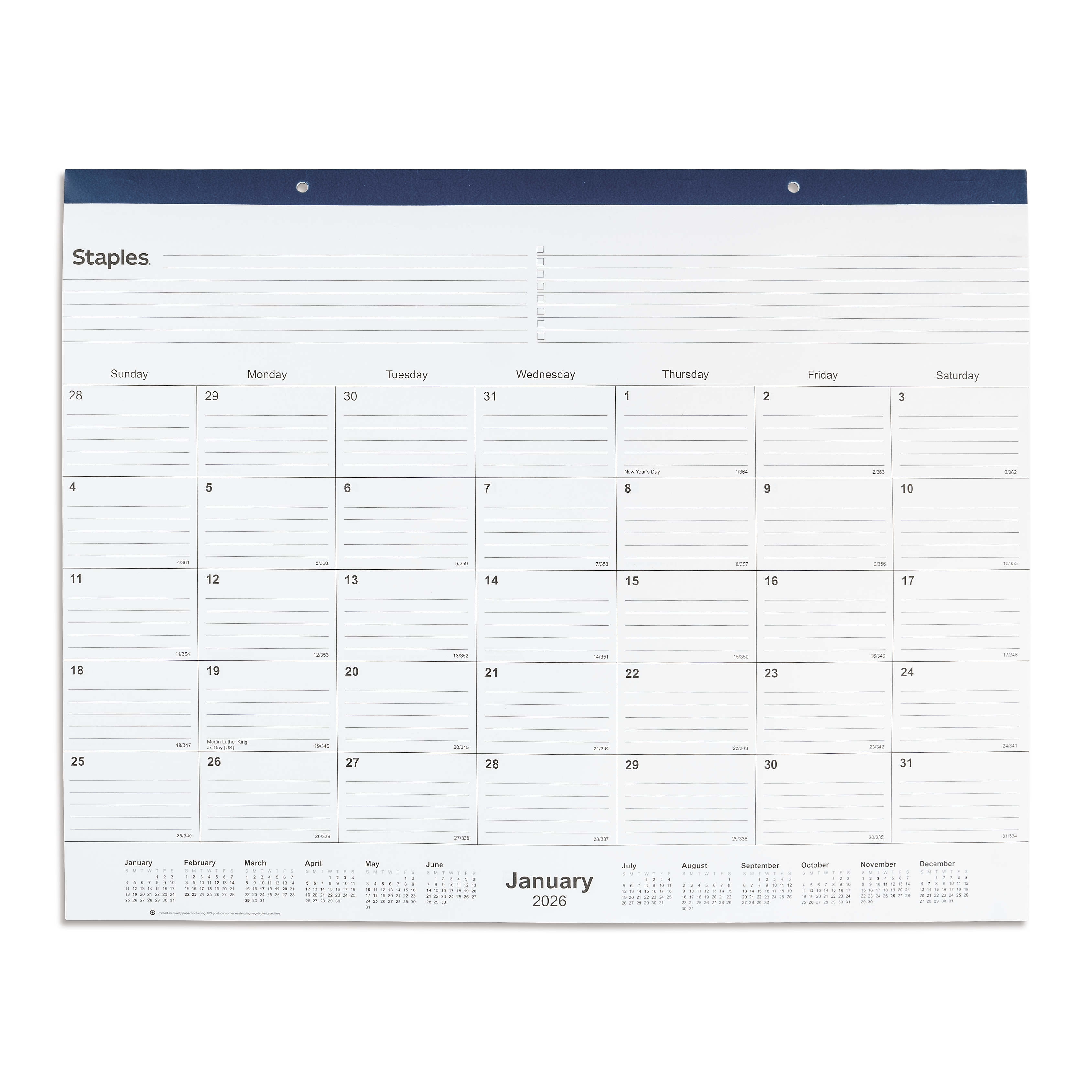 2026 Staples 21.75" x 17" Monthly Desk Pad Calendar, Navy (ST59700-26)