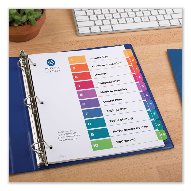 Customizable TOC Ready Index Multicolor Tab Dividers, 10-Tab, 1 to 10, 11 x 8.5, White, Traditional Color Tabs, 6 Sets