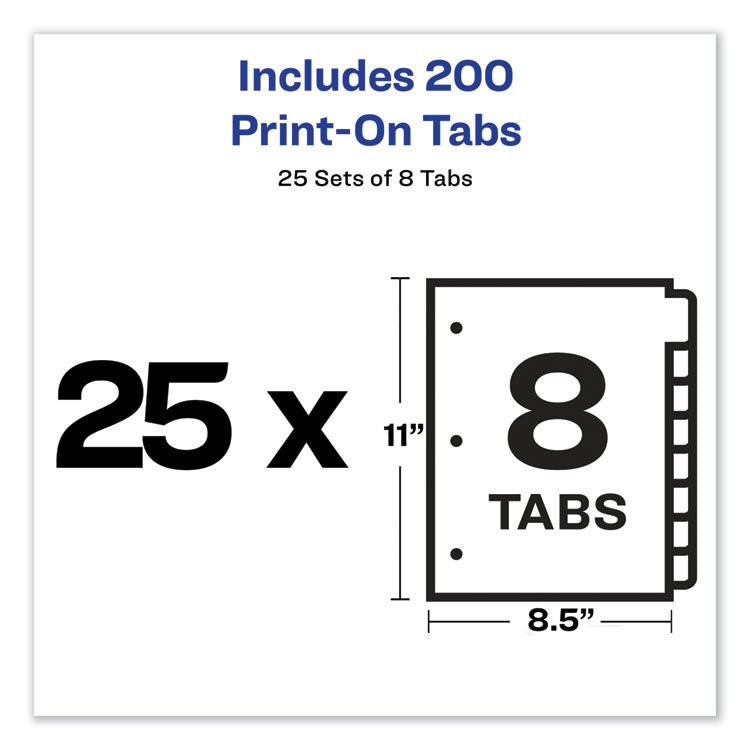 Customizable Print-On Dividers, 3-Hole Punched, 8-Tab, 11 x 8.5, White, 25 Sets