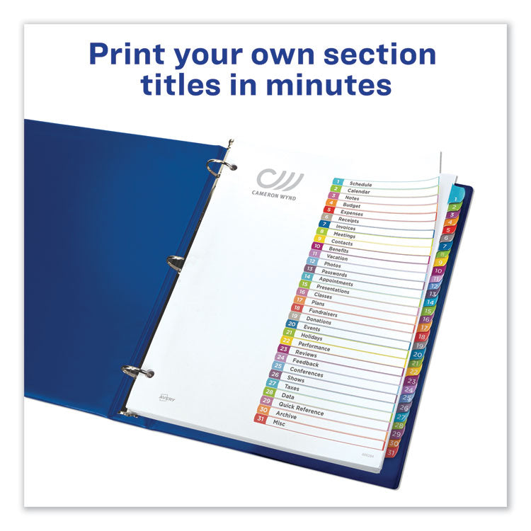 Customizable TOC Ready Index Multicolor Tab Dividers, 31-Tab, 1 to 31, 11 x 8.5, White, Contemporary Color Tabs, 1 Set