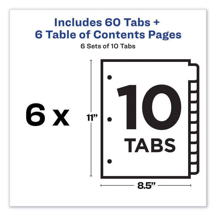 Customizable TOC Ready Index Multicolor Tab Dividers, 10-Tab, 1 to 10, 11 x 8.5, White, Traditional Color Tabs, 6 Sets