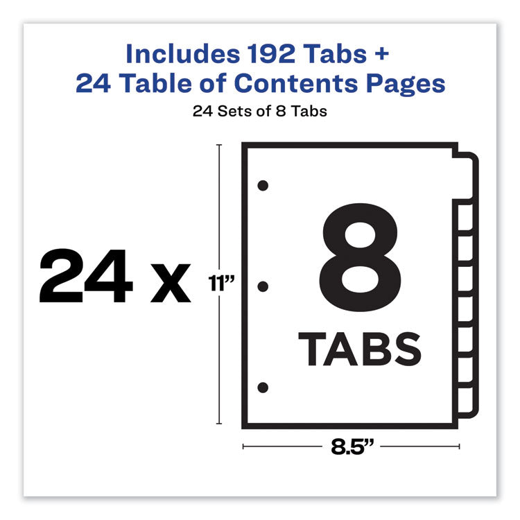 Customizable TOC Ready Index Multicolor Tab Dividers, Uncollated, 8-Tab, 1 to 8, 11 x 8.5, White, 24 Sets