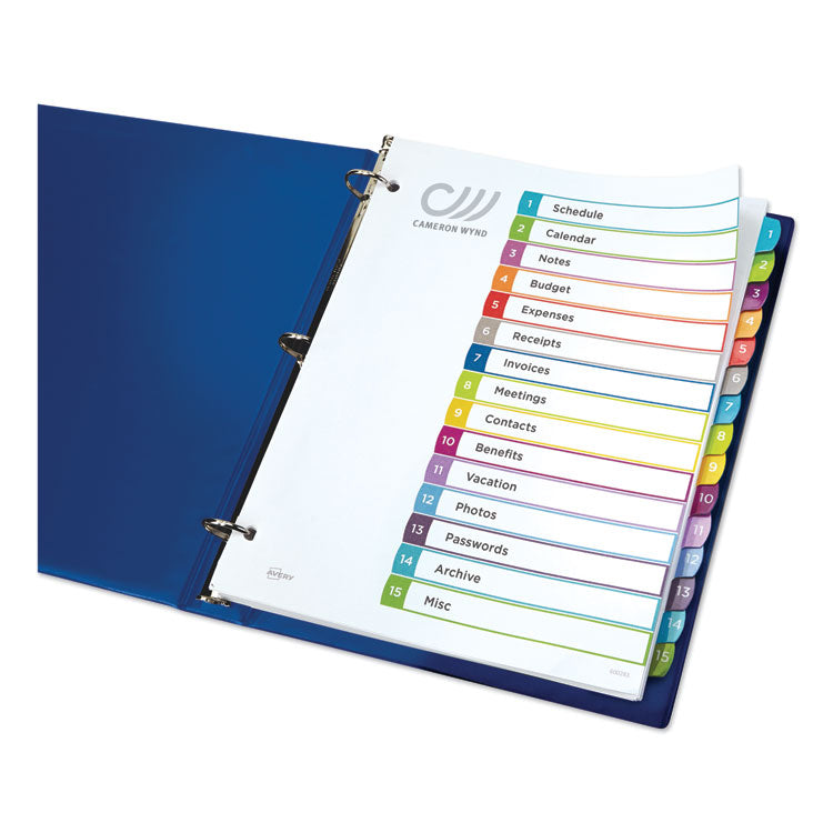 Customizable TOC Ready Index Multicolor Tab Dividers, 15-Tab, 1 to 15, 11 x 8.5, White, Contemporary Color Tabs, 1 Set
