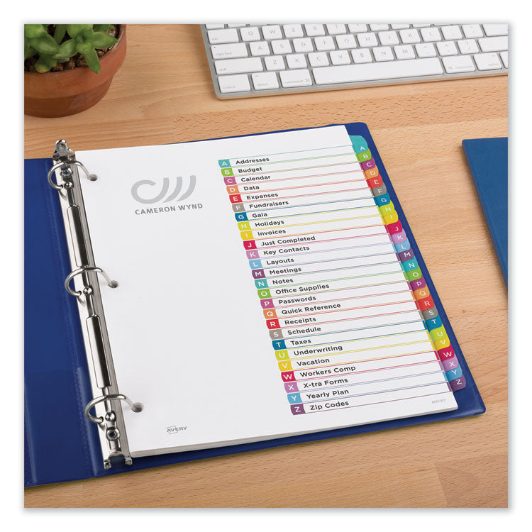 Customizable TOC Ready Index Multicolor Tab Dividers, 26-Tab, A to Z, 11 x 8.5, White, Contemporary Color Tabs, 1 Set