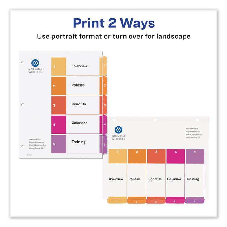Customizable TOC Ready Index Multicolor Tab Dividers, 5-Tab, 1 to 5, 11 x 8.5, White, Traditional Color Tabs, 6 Sets
