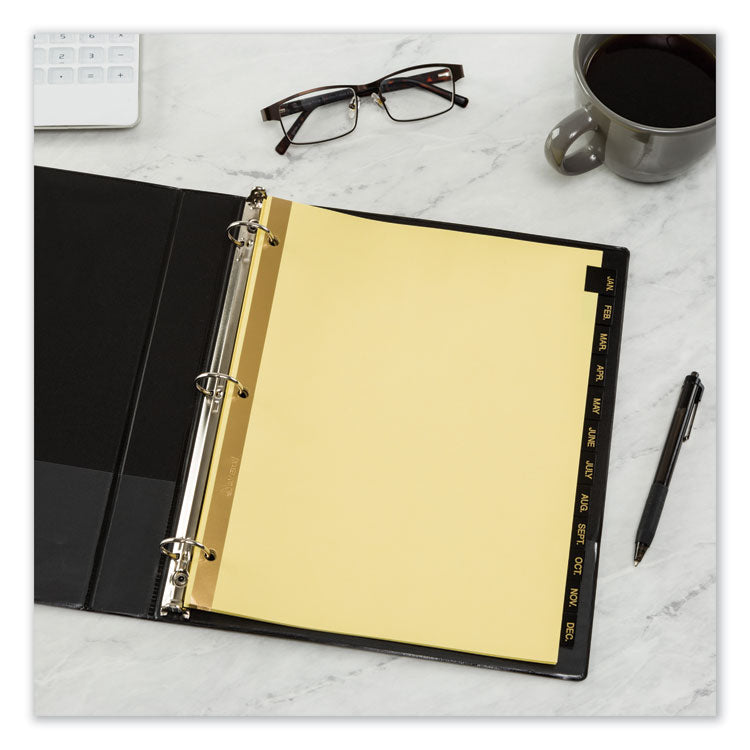 Preprinted Black Leather Tab Dividers w/Gold Reinforced Edge, 12-Tab, Jan. to Dec., 11 x 8.5, Buff, 1 Set