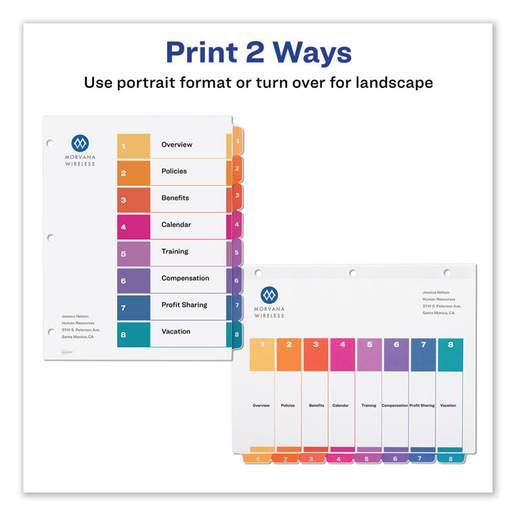 Customizable TOC Ready Index Multicolor Tab Dividers, Uncollated, 8-Tab, 1 to 8, 11 x 8.5, White, 24 Sets