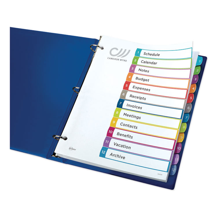 Customizable TOC Ready Index Multicolor Tab Dividers, 12-Tab, 1 to 12, 11 x 8.5, White, Contemporary Color Tabs, 1 Set