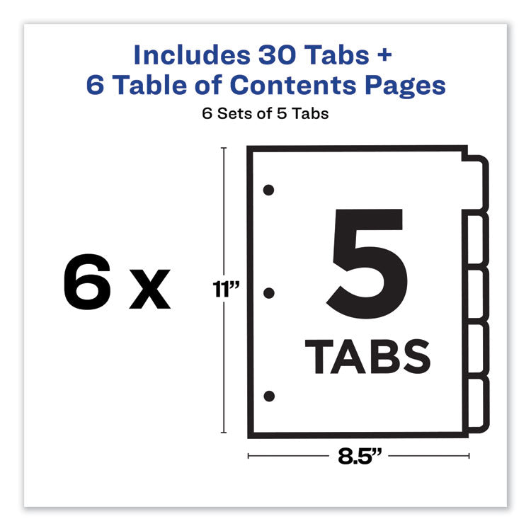 Customizable TOC Ready Index Multicolor Tab Dividers, 5-Tab, 1 to 5, 11 x 8.5, White, Traditional Color Tabs, 6 Sets