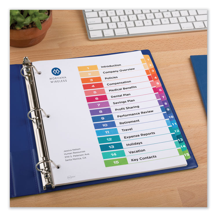 Customizable TOC Ready Index Multicolor Tab Dividers, 15-Tab, 1 to 15, 11 x 8.5, White, Traditional Color Tabs, 1 Set