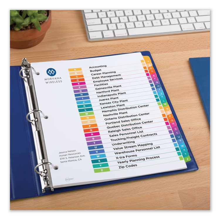 Customizable TOC Ready Index Multicolor Tab Dividers, 26-Tab, A to Z, 11 x 8.5, White, Traditional Color Tabs, 1 Set