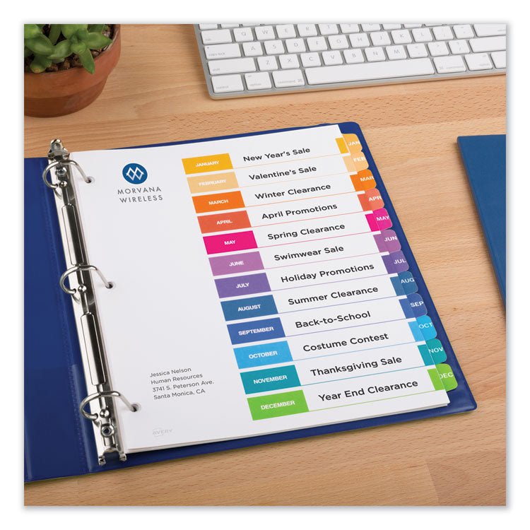 Customizable TOC Ready Index Multicolor Tab Dividers, 12-Tab, Jan. to Dec., 11 x 8.5, White, Traditional Color Tabs, 1 Set
