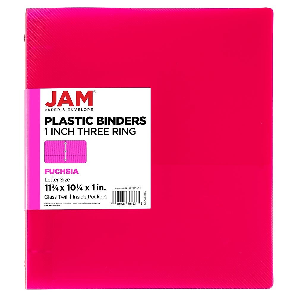 JAM Paper 1" 3-Ring Flexible Poly Binder, Fuchsia Pink (PB75239FU)