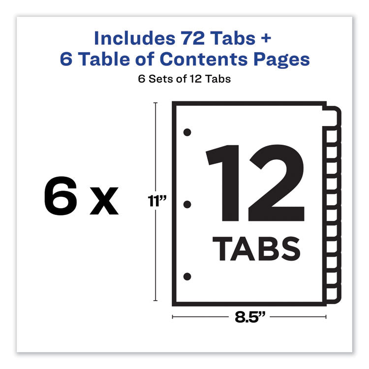 Customizable TOC Ready Index Multicolor Tab Dividers, 12-Tab, 1 to 12, 11 x 8.5, White, Traditional Color Tabs, 6 Sets