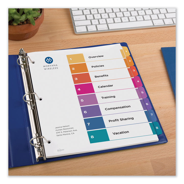Customizable TOC Ready Index Multicolor Tab Dividers, 8-Tab, 1 to 8, 11 x 8.5, White, Traditional Color Tabs, 1 Set