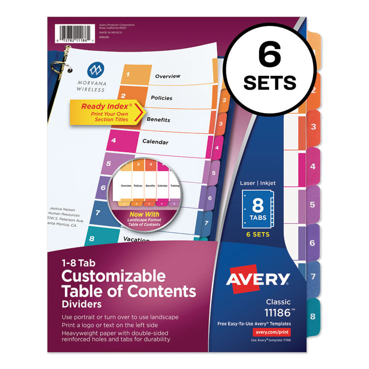 Customizable TOC Ready Index Multicolor Tab Dividers, 8-Tab, 1 to 8, 11 x 8.5, White, Traditional Color Tabs, 6 Sets