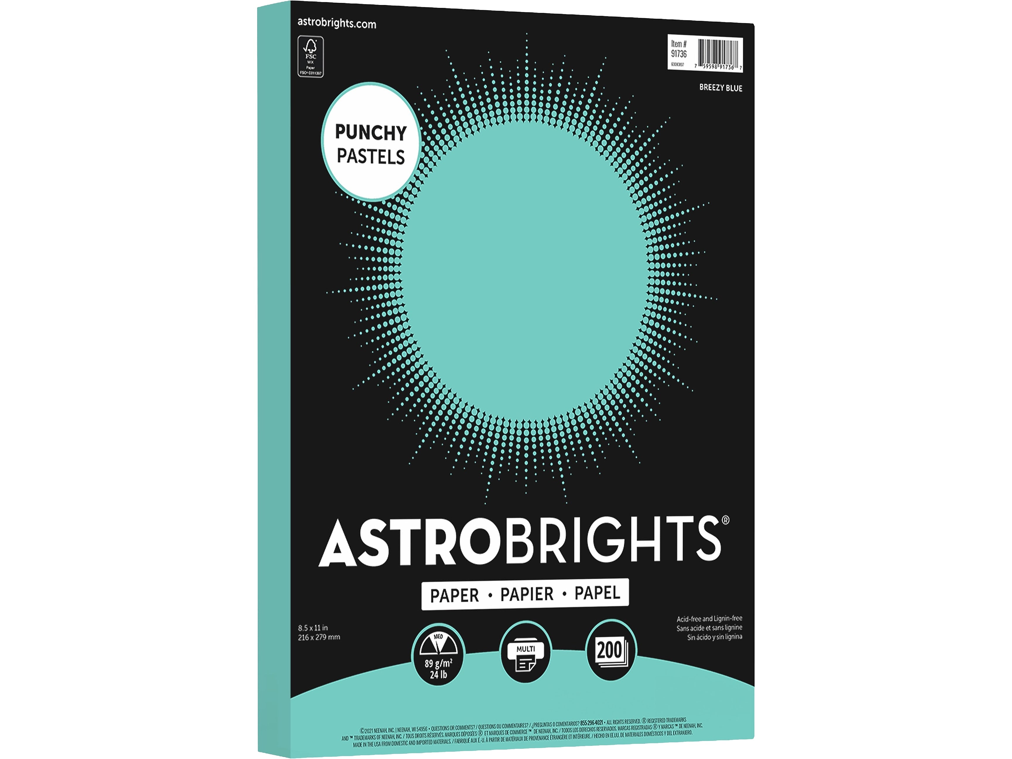 Astrobrights Punchy Pastels 8.5" x 11" Color Copy Paper, 24 lbs., Breezy Blue, 200 Sheets/Pack