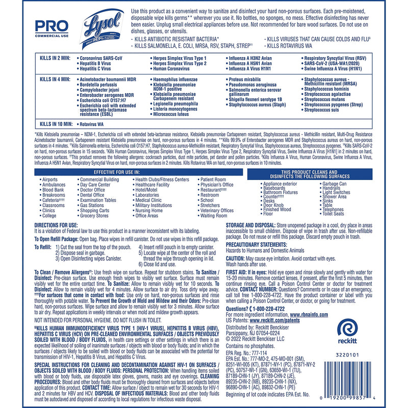 Lysol Pro Disinfecting Wipes, Lemon & Lime Blossom Scent, 800 Wipes/Refill Bag, 2 Bags/Carton (1920099857)