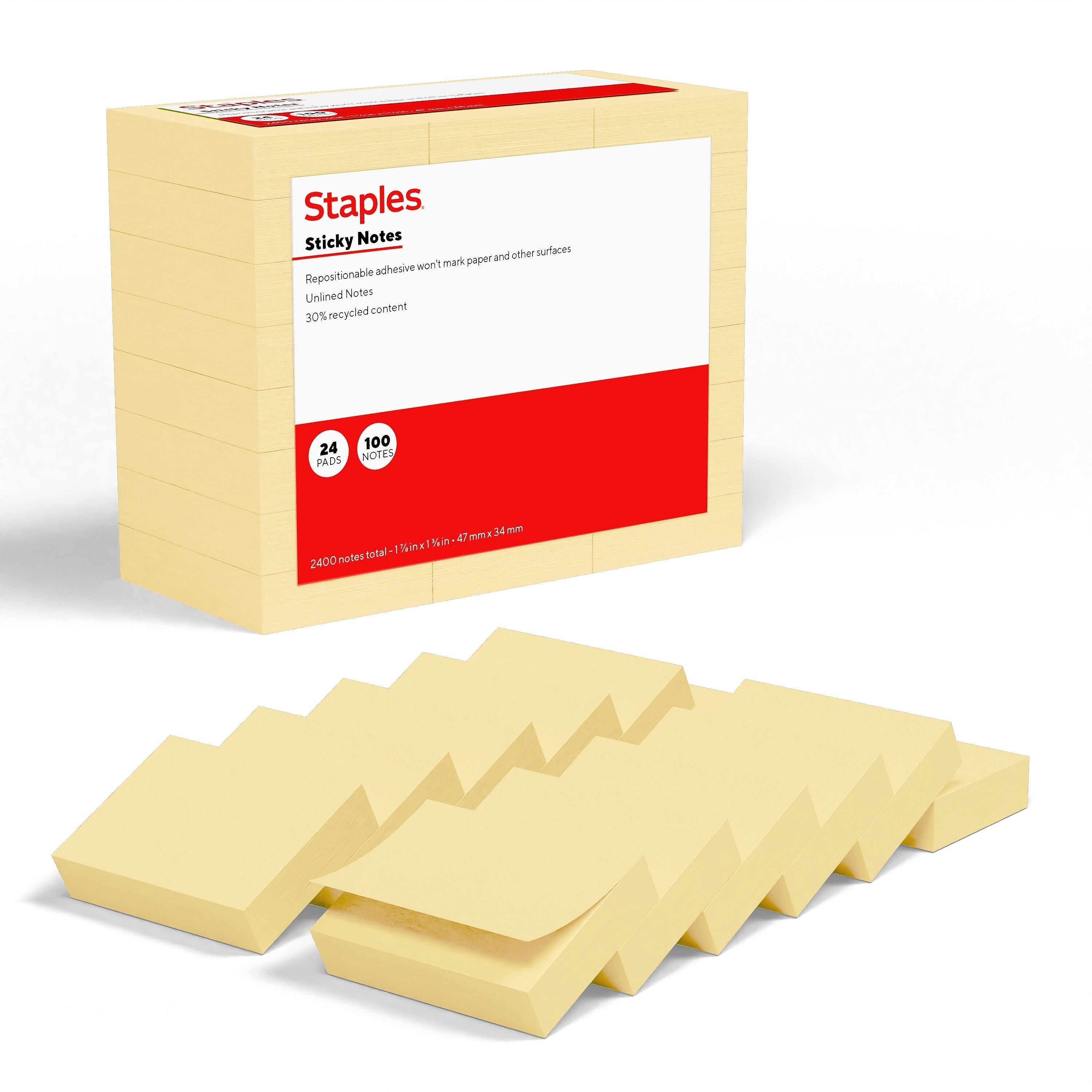 Staples Sticky Notes, 1 3/8" x 1 7/8", Sunshine Collection, 100 Sheets/Pad, 24 Pads/Pack (ST62865)