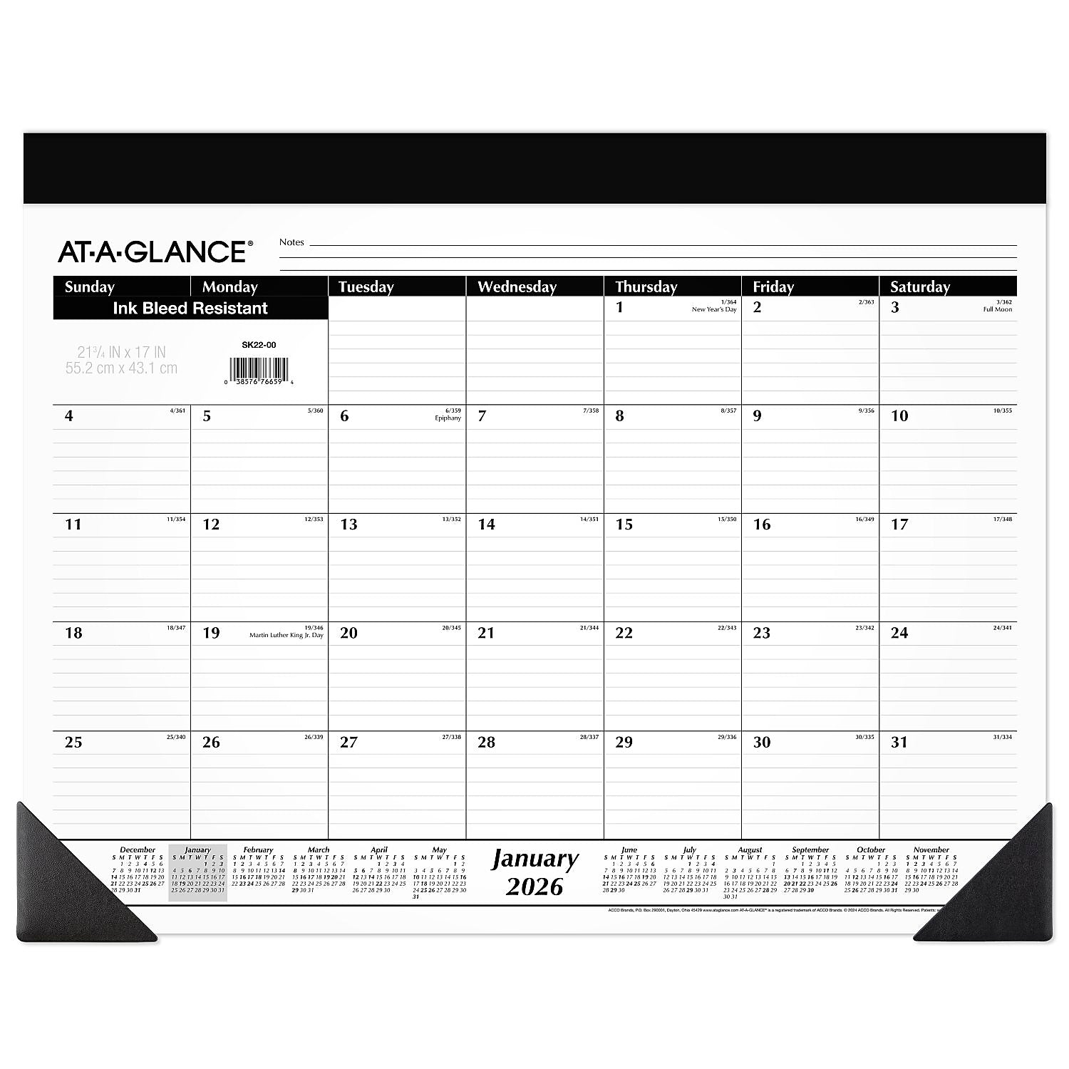 2026 AT-A-GLANCE 21.75" x 17" Monthly Desk Pad Calendar, White/Black (SK22-00-26)